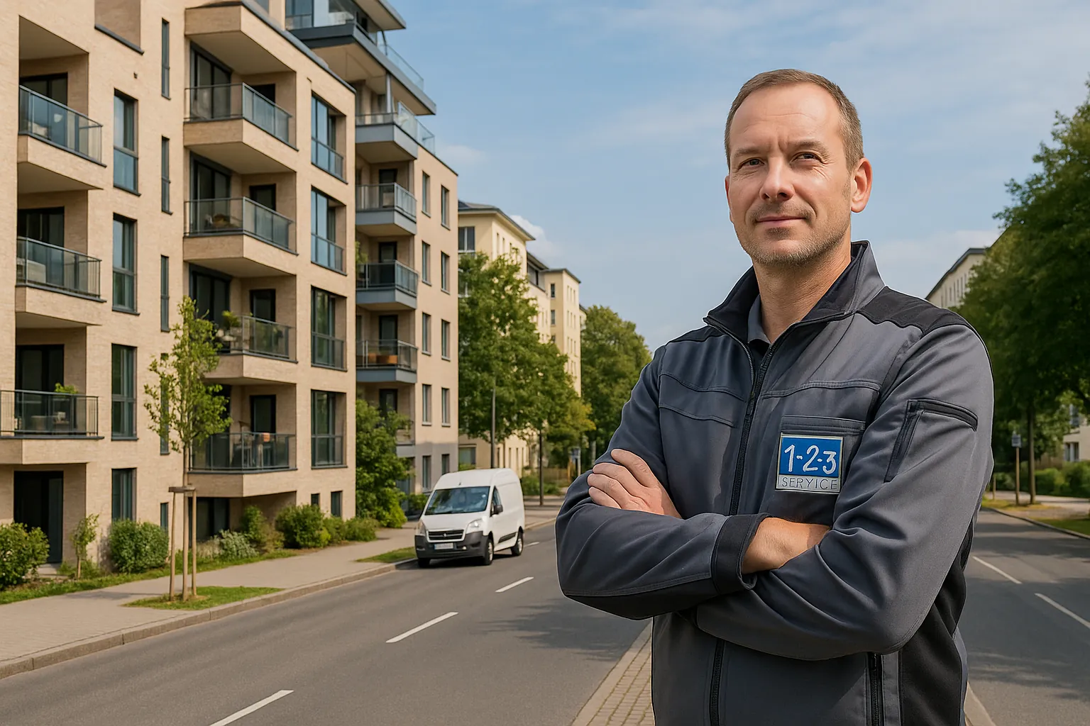 Mitarbeiter vor Wohnanlage mit Firmen-Transporter