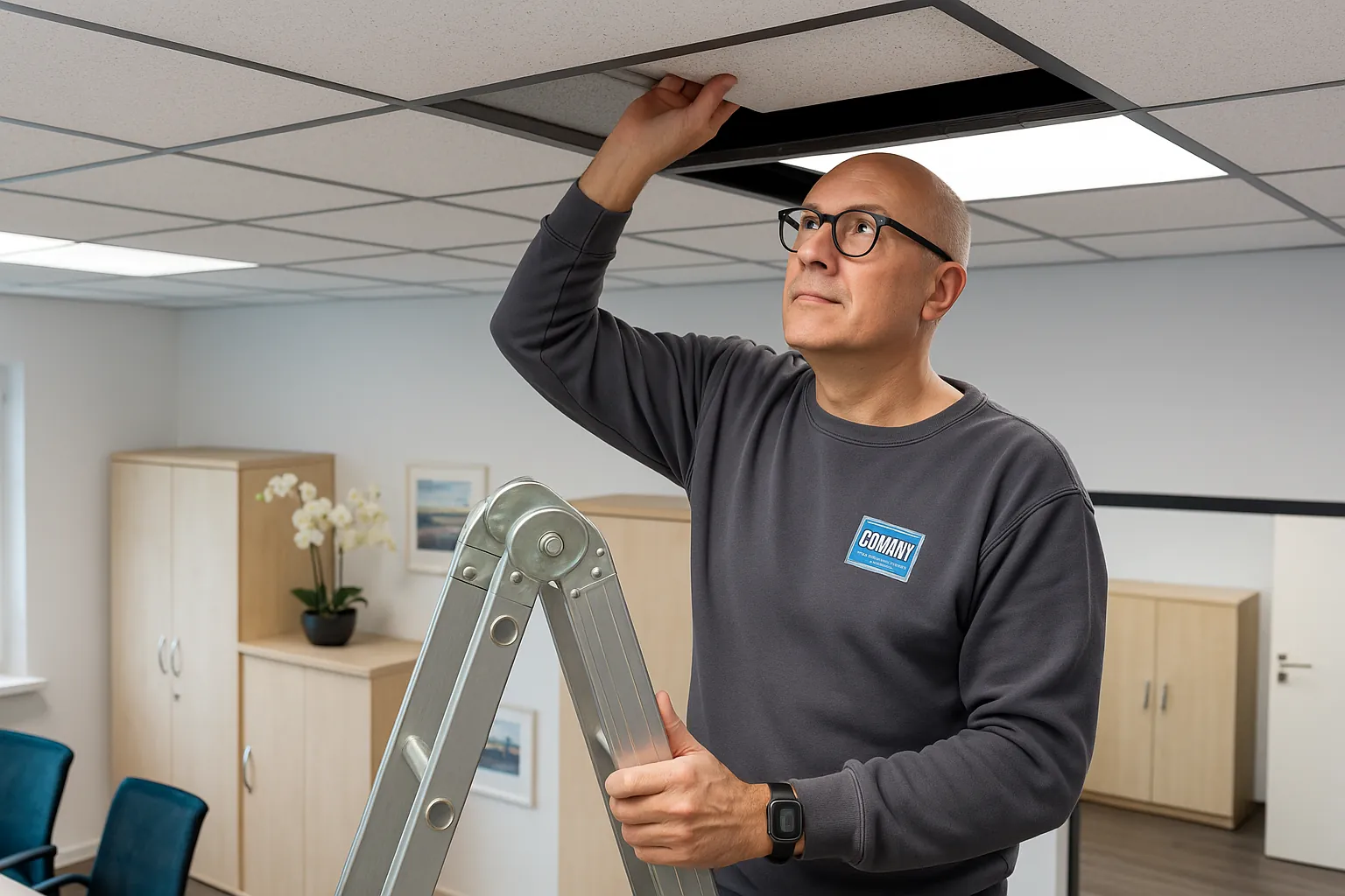 Handwerker an Deckenplatte